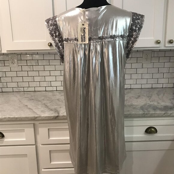 Savanna Jane Dress Womens Large Silver Metallic Embroidered Boho Lauren Ferrell - Picture 6 of 11